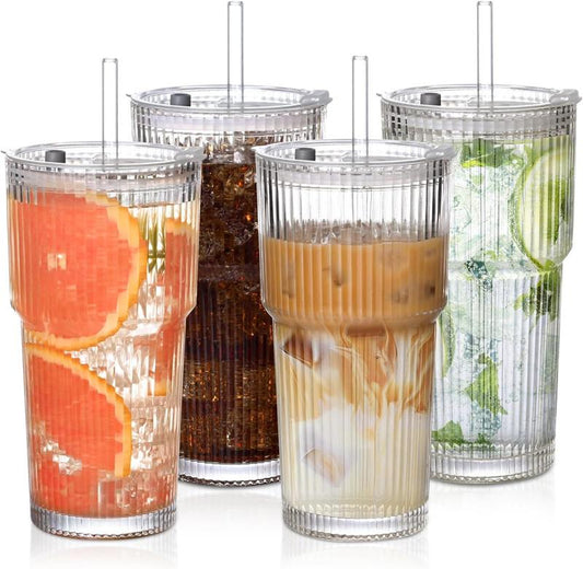 19Oz Ribbed Glass Tumblers with Lids & Straws – Set of 4 Thick Glass Cups for Iced Coffee, Smoothies, Juice & Cocktails