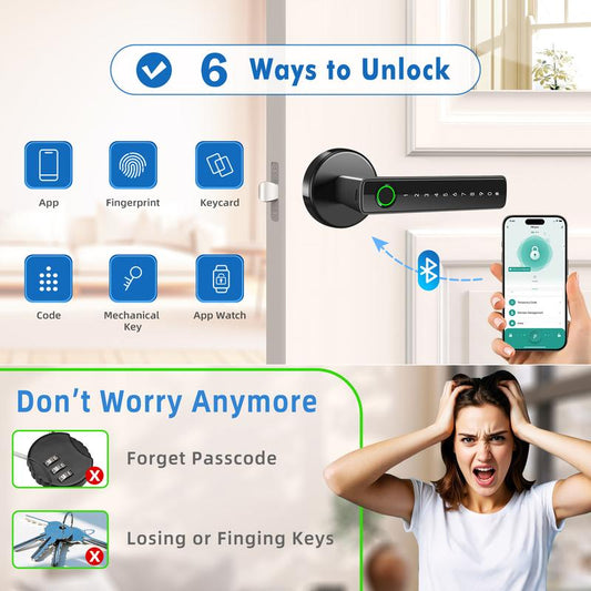 Biometric Fingerprint Door Lock Smart Keyless Entry Door Knob with Keypad for Bedroom Home Hotel Office Apartment Black with App Control