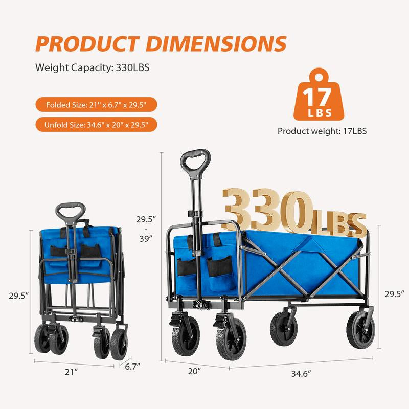 Collapsible Foldable Wagon Cart, Large Capacity Garden Beach Cart with All-Terrain Wheels, with Drink Holders for Shopping Sports Camping