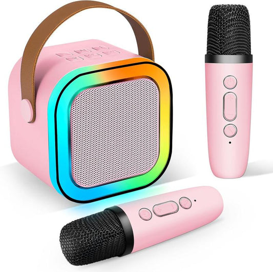 Mini Karaoke Machine with Microphone Sound System, Portable Karaoke Machine with 2 Wireless Microphones, Birthday Gifts for Girls and Children Aged 4-12, Family Gatherings