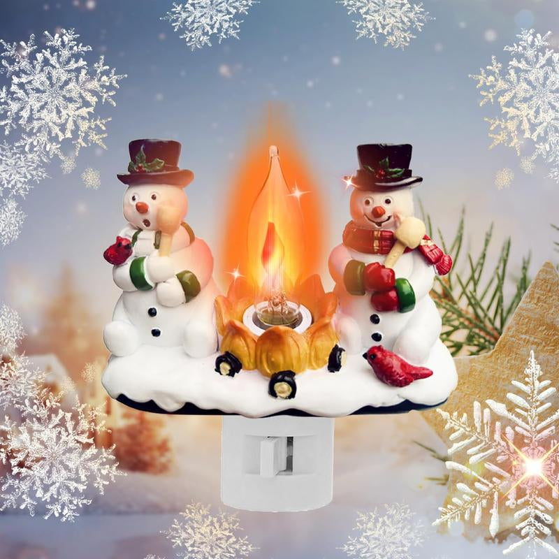 Christmas Gift, Snowman Bonfire Night Light, about 4.33*4.13 Inches Resin Rotating Plug Christmas Night Light with Flame Flickering Effect, Suitable for Children'S Room, Corridor, Living Room, Staircase Decoration
