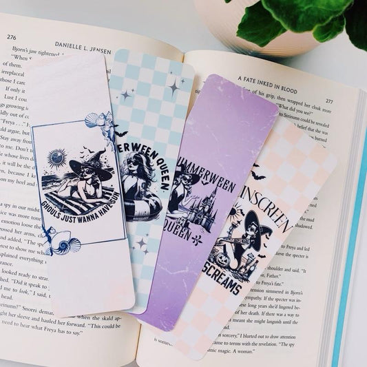 Retro Book Girl Summerween Bookmarks - 7.5”X2.25” Lightweight Nostalgic Design for Book Lovers - One Sided with Shop Stamp on Back - Laminated on Card Stock