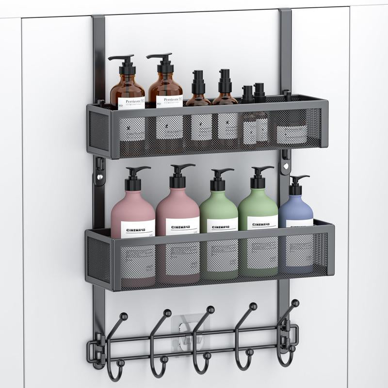 Over the Door Hooks Organizer - Multi-Functional Door Hanger with 16 Hooks & 2 Mesh Baskets, Long over Door Coat Rack for Bathroom, Bedroom, Living Room, Home Door Storage Organizer