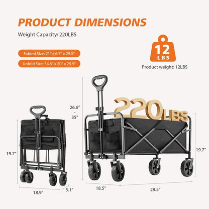 Collapsible Foldable Wagon Cart, Large Capacity Garden Beach Cart with All-Terrain Wheels, with Drink Holders for Shopping Sports Camping