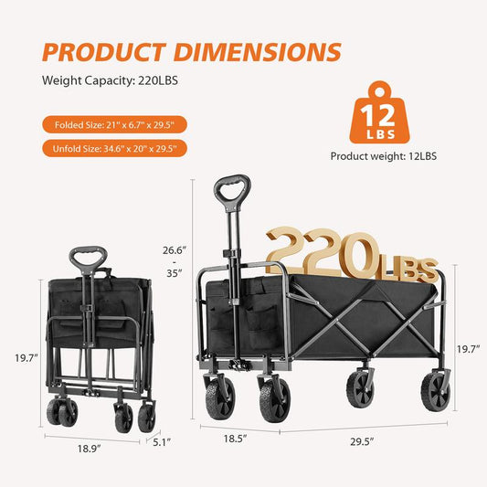 Collapsible Foldable Wagon Cart, Large Capacity Garden Beach Cart with All-Terrain Wheels, with Drink Holders for Shopping Sports Camping