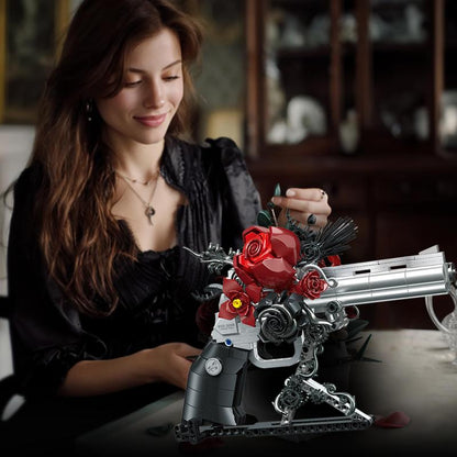 Guns & Petals Decorative Revolver Model with Red Roses Silver and Black Metal Art Sculpture Gothic Style Display Piece Jj9218 No Warranty