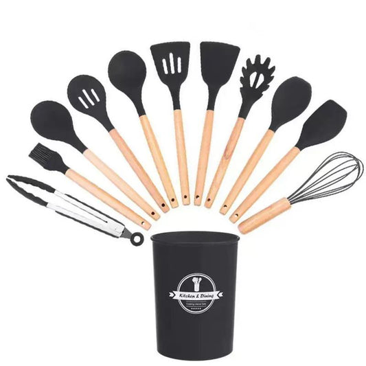 Kitchen Utensils Cookware Set, 12 Piece BPA Free Silicone with Wood Handle and Storage Container