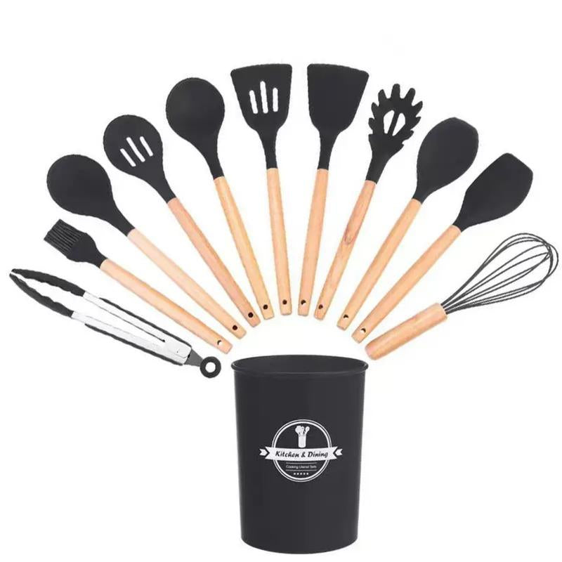 Kitchen Utensils Cookware Set, 12 Piece BPA Free Silicone with Wood Handle and Storage Container