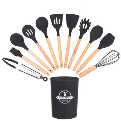 Kitchen Utensils Cookware Set, 12 Piece BPA Free Silicone with Wood Handle and Storage Container