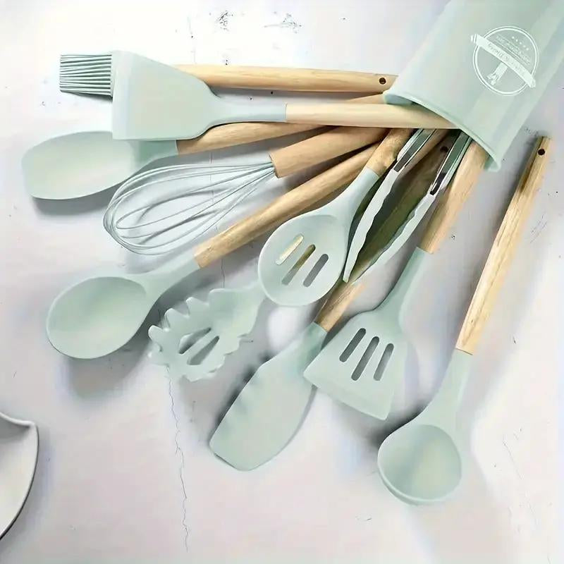 Kitchen Utensils Cookware Set, 12 Piece BPA Free Silicone with Wood Handle and Storage Container