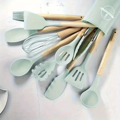 Kitchen Utensils Cookware Set, 12 Piece BPA Free Silicone with Wood Handle and Storage Container