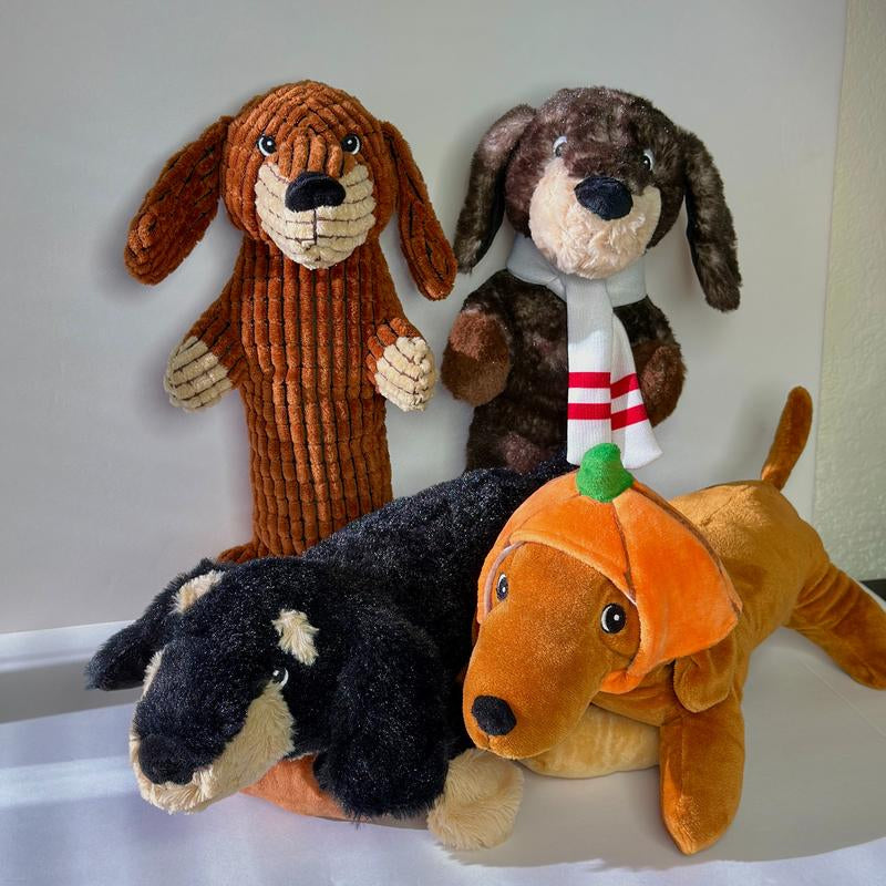 Sleeping Booties - the Weens X Patchwork Pet - Super Soft Plush Dog Toy, Squeaky, Crinkly Sound, Dachshund Plushie - 12"