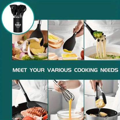 Kitchen Utensils Cookware Set, 12 Piece BPA Free Silicone with Wood Handle and Storage Container