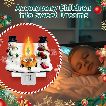 Christmas Gift, Snowman Bonfire Night Light, about 4.33*4.13 Inches Resin Rotating Plug Christmas Night Light with Flame Flickering Effect, Suitable for Children'S Room, Corridor, Living Room, Staircase Decoration