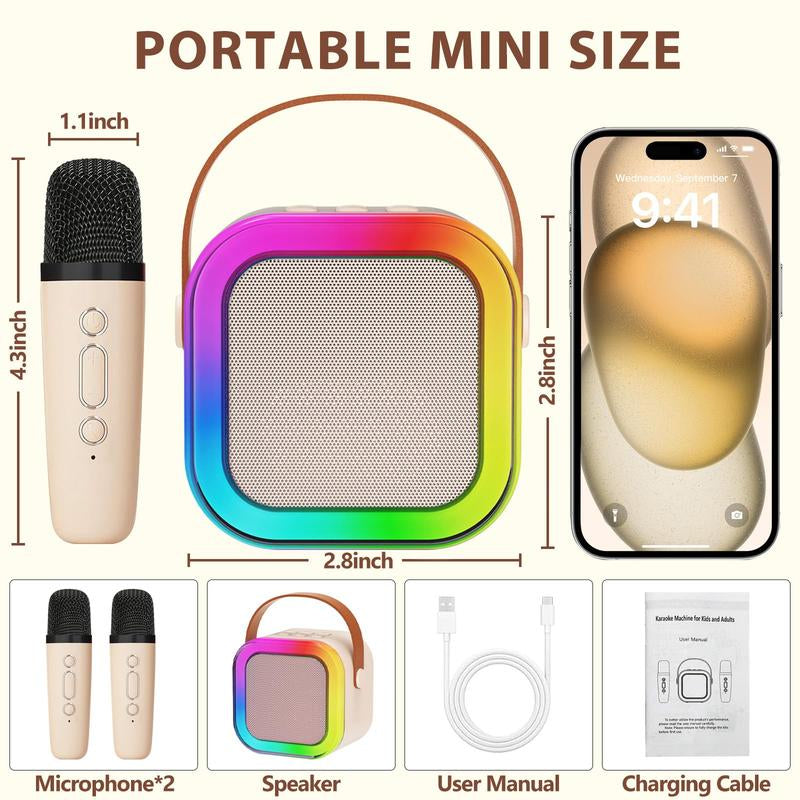 Mini Karaoke Machine with Microphone Sound System, Portable Karaoke Machine with 2 Wireless Microphones, Birthday Gifts for Girls and Children Aged 4-12, Family Gatherings