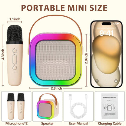 Mini Karaoke Machine with Microphone Sound System, Portable Karaoke Machine with 2 Wireless Microphones, Birthday Gifts for Girls and Children Aged 4-12, Family Gatherings