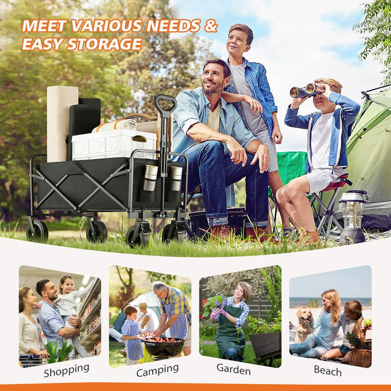 Collapsible Foldable Wagon Cart, Large Capacity Garden Beach Cart with All-Terrain Wheels, with Drink Holders for Shopping Sports Camping