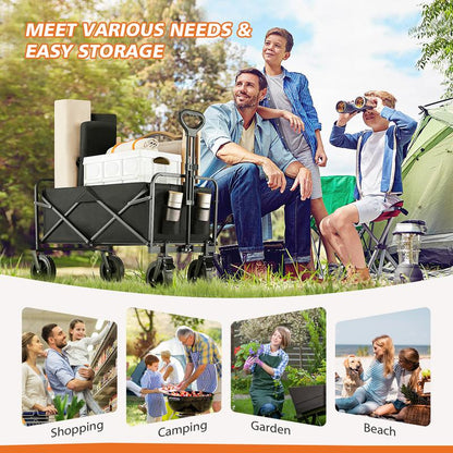 Collapsible Foldable Wagon Cart, Large Capacity Garden Beach Cart with All-Terrain Wheels, with Drink Holders for Shopping Sports Camping