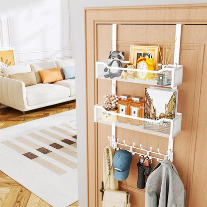 Over the Door Hooks Organizer - Multi-Functional Door Hanger with 16 Hooks & 2 Mesh Baskets, Long over Door Coat Rack for Bathroom, Bedroom, Living Room, Home Door Storage Organizer