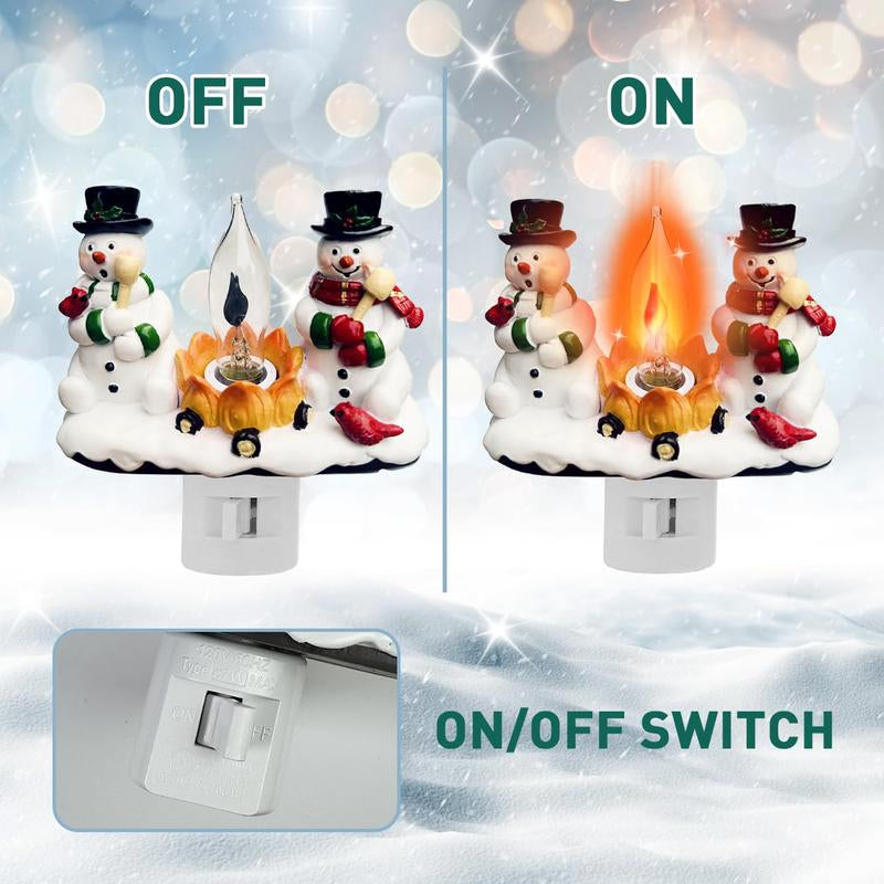 Christmas Gift, Snowman Bonfire Night Light, about 4.33*4.13 Inches Resin Rotating Plug Christmas Night Light with Flame Flickering Effect, Suitable for Children'S Room, Corridor, Living Room, Staircase Decoration