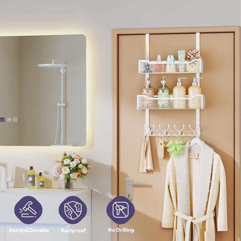 Over the Door Hooks Organizer - Multi-Functional Door Hanger with 16 Hooks & 2 Mesh Baskets, Long over Door Coat Rack for Bathroom, Bedroom, Living Room, Home Door Storage Organizer