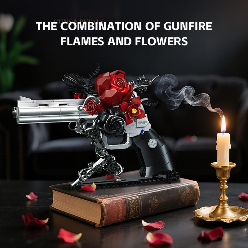 Guns & Petals Decorative Revolver Model with Red Roses Silver and Black Metal Art Sculpture Gothic Style Display Piece Jj9218 No Warranty