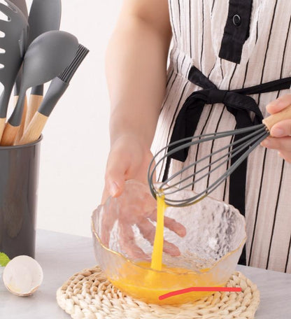 Kitchen Utensils Cookware Set, 12 Piece BPA Free Silicone with Wood Handle and Storage Container