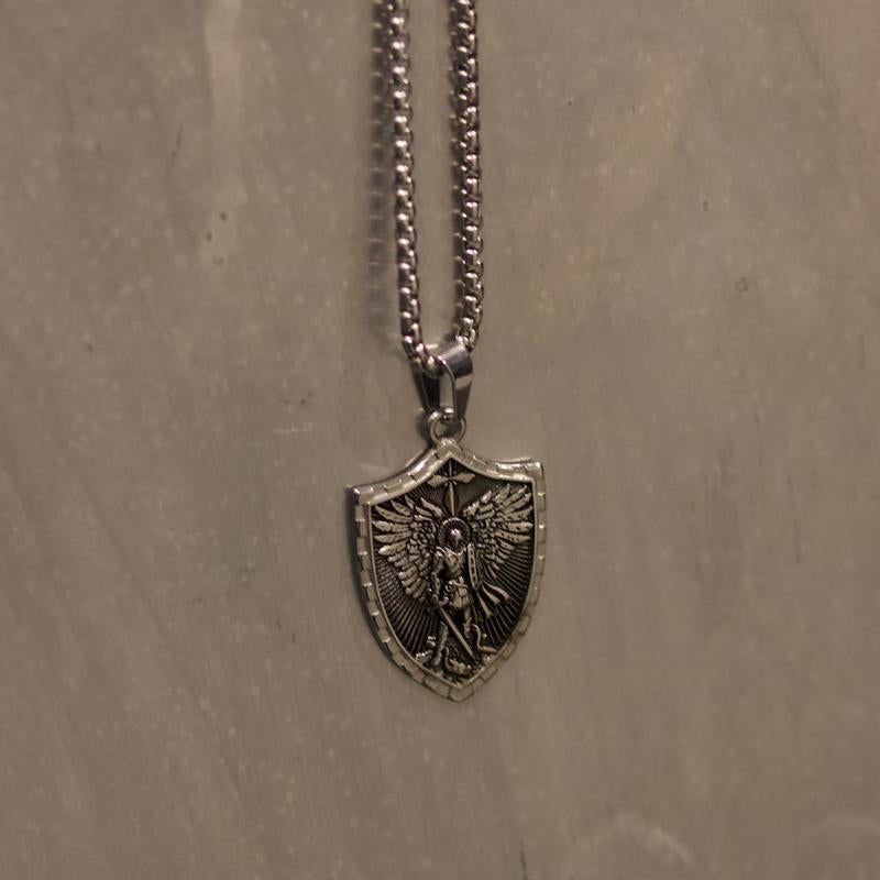 King David Psalm 27:1 Engraved Shield Necklace Unisex Stainless Steel 22" Chain St Micheal Shield