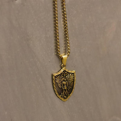 King David Psalm 27:1 Engraved Shield Necklace Unisex Stainless Steel 22" Chain St Micheal Shield