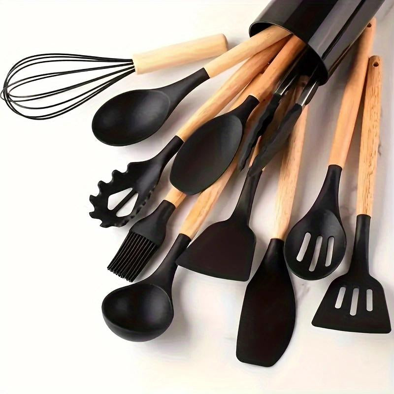 Kitchen Utensils Cookware Set, 12 Piece BPA Free Silicone with Wood Handle and Storage Container