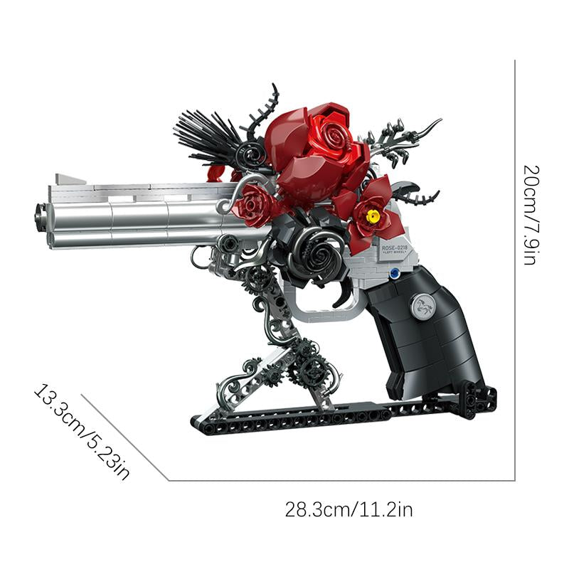Guns & Petals Decorative Revolver Model with Red Roses Silver and Black Metal Art Sculpture Gothic Style Display Piece Jj9218 No Warranty