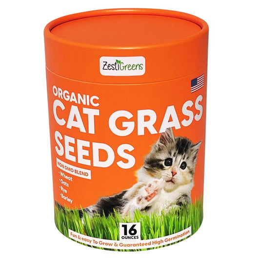 ZESTIGREENS Organic Cat Grass Seeds - Non-Gmo Blend of Wheat, Oats, Rye & Barley for Indoor Cats | Seeds Come in Food Grade Container with Lid for Easier Scooping & Keeping Fresher