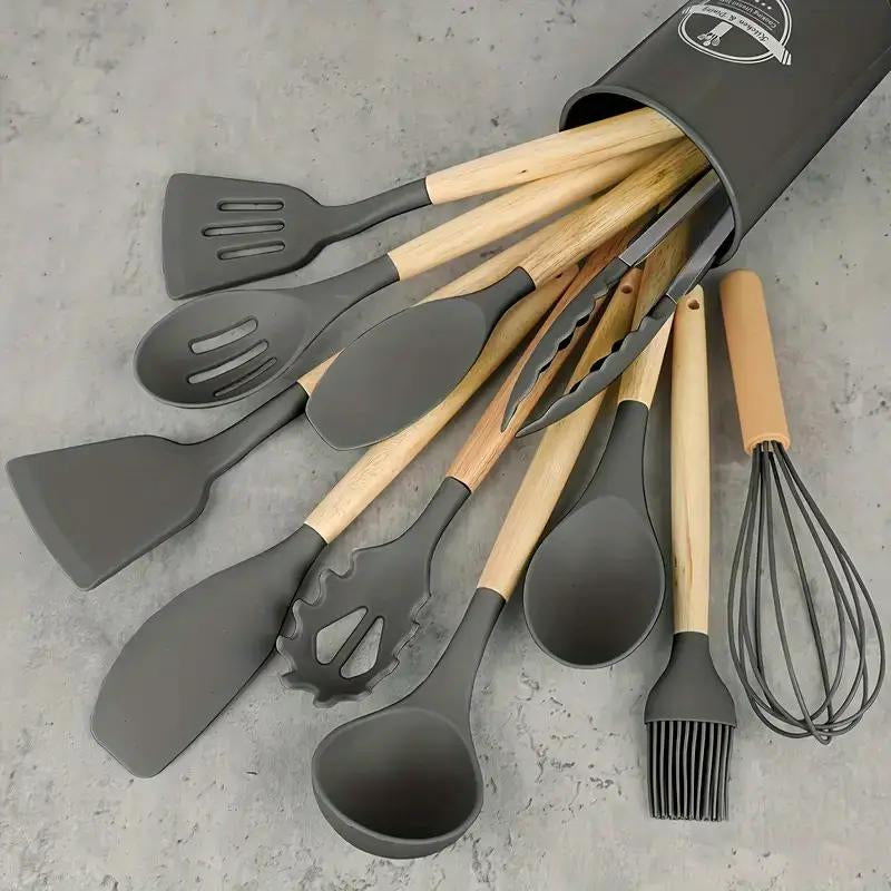 Kitchen Utensils Cookware Set, 12 Piece BPA Free Silicone with Wood Handle and Storage Container