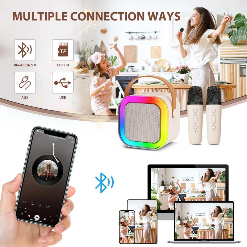 Mini Karaoke Machine with Microphone Sound System, Portable Karaoke Machine with 2 Wireless Microphones, Birthday Gifts for Girls and Children Aged 4-12, Family Gatherings