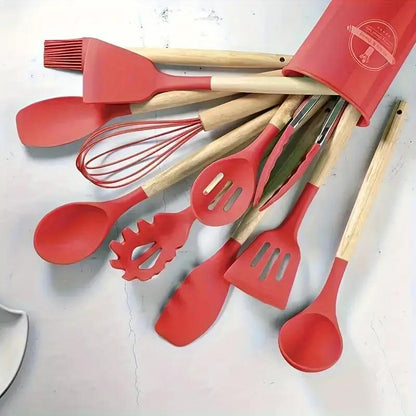 Kitchen Utensils Cookware Set, 12 Piece BPA Free Silicone with Wood Handle and Storage Container