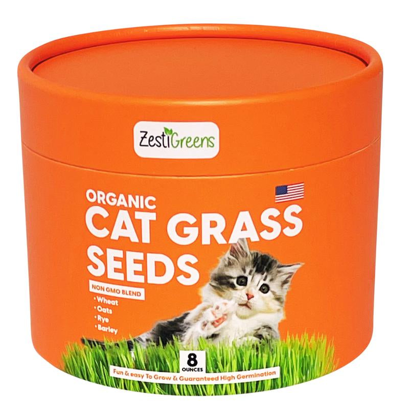 ZESTIGREENS Organic Cat Grass Seeds - Non-Gmo Blend of Wheat, Oats, Rye & Barley for Indoor Cats | Seeds Come in Food Grade Container with Lid for Easier Scooping & Keeping Fresher