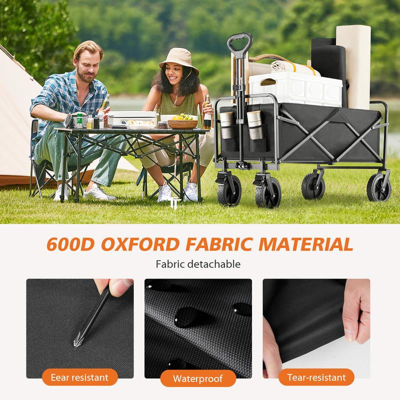 Collapsible Foldable Wagon Cart, Large Capacity Garden Beach Cart with All-Terrain Wheels, with Drink Holders for Shopping Sports Camping