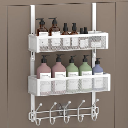 Over the Door Hooks Organizer - Multi-Functional Door Hanger with 16 Hooks & 2 Mesh Baskets, Long over Door Coat Rack for Bathroom, Bedroom, Living Room, Home Door Storage Organizer