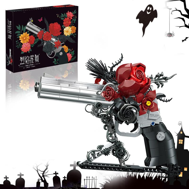 Guns & Petals Decorative Revolver Model with Red Roses Silver and Black Metal Art Sculpture Gothic Style Display Piece Jj9218 No Warranty