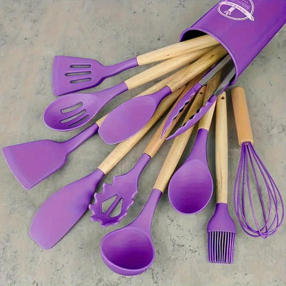 Kitchen Utensils Cookware Set, 12 Piece BPA Free Silicone with Wood Handle and Storage Container