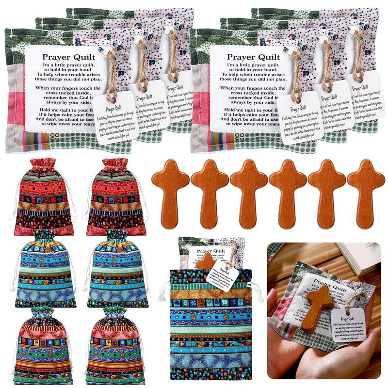 18 Pcs Pocket Prayer Quilt Set Handmade Pocket Prayer Quilt with Cross and Drawstring Bag inside Christian Gifts for Friend Family Encouragement Gift Appreciation Gifts