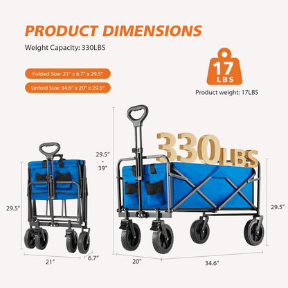Collapsible Foldable Wagon Cart, Large Capacity Garden Beach Cart with All-Terrain Wheels, with Drink Holders for Shopping Sports Camping