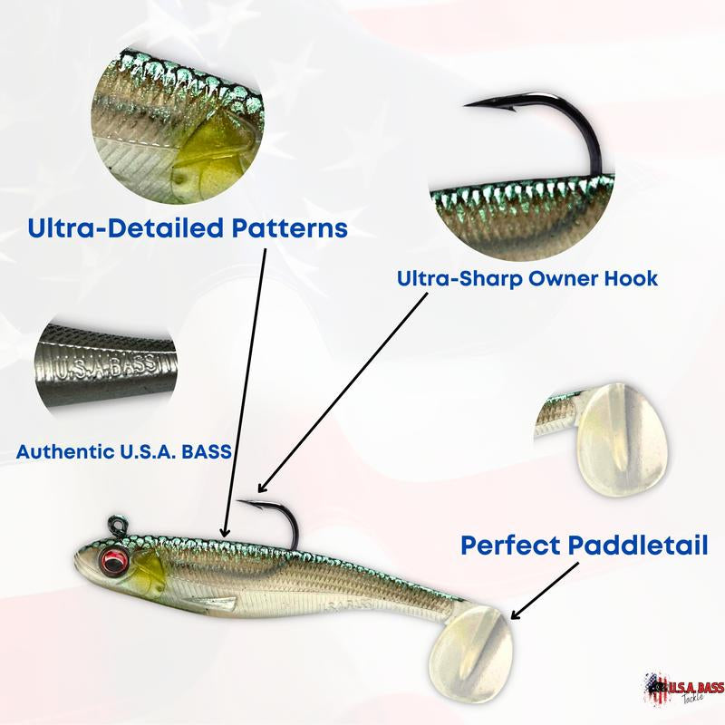 USA BASS TACKLE Patriot Shad Premium Paddle Tail Swimbait Bass Fishing Lure with Realistic 3D Eye & Detailed Design for Freshwater & Saltwater Angling