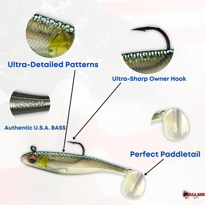 USA BASS TACKLE Patriot Shad Premium Paddle Tail Swimbait Bass Fishing Lure with Realistic 3D Eye & Detailed Design for Freshwater & Saltwater Angling