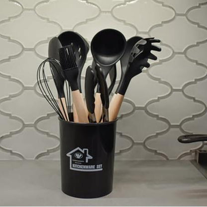 Kitchen Utensils Cookware Set, 12 Piece BPA Free Silicone with Wood Handle and Storage Container