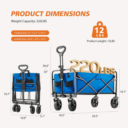 Collapsible Foldable Wagon Cart, Large Capacity Garden Beach Cart with All-Terrain Wheels, with Drink Holders for Shopping Sports Camping