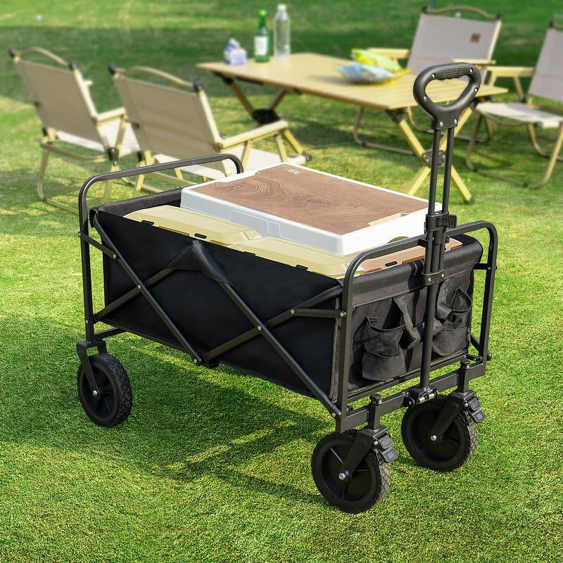 Collapsible Foldable Wagon Cart, Large Capacity Garden Beach Cart with All-Terrain Wheels, with Drink Holders for Shopping Sports Camping