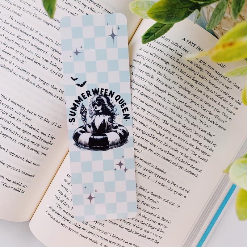 Retro Book Girl Summerween Bookmarks - 7.5”X2.25” Lightweight Nostalgic Design for Book Lovers - One Sided with Shop Stamp on Back - Laminated on Card Stock