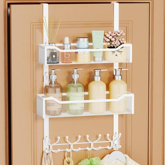 Over the Door Hooks Organizer - Multi-Functional Door Hanger with 16 Hooks & 2 Mesh Baskets, Long over Door Coat Rack for Bathroom, Bedroom, Living Room, Home Door Storage Organizer