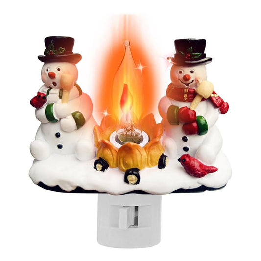 Christmas Gift, Snowman Bonfire Night Light, about 4.33*4.13 Inches Resin Rotating Plug Christmas Night Light with Flame Flickering Effect, Suitable for Children'S Room, Corridor, Living Room, Staircase Decoration